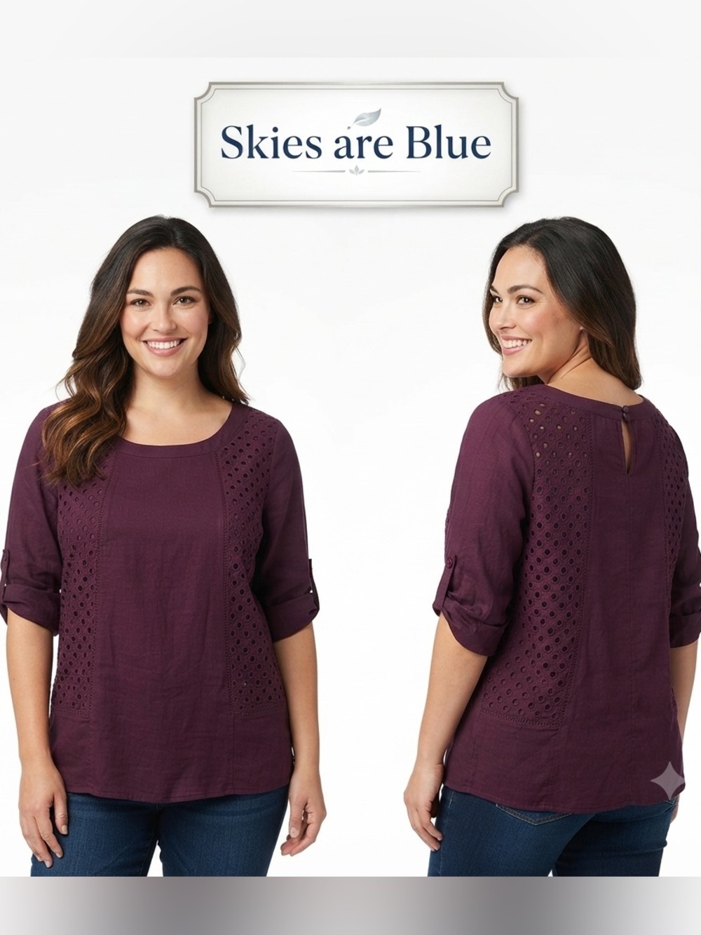 Skies Are Blue Linen Stitched Eyelet Rolled Sleeves Top Extra Small